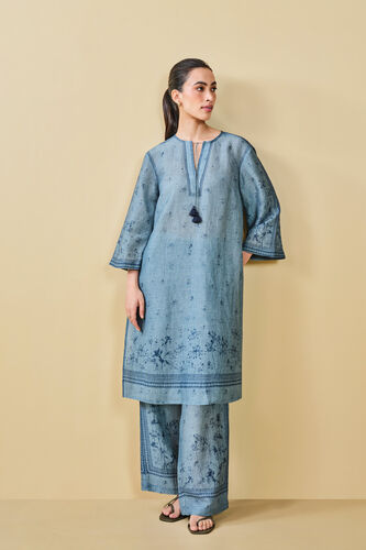 Pond Printed Linen Kurta Set  - Blue, Blue, image 3